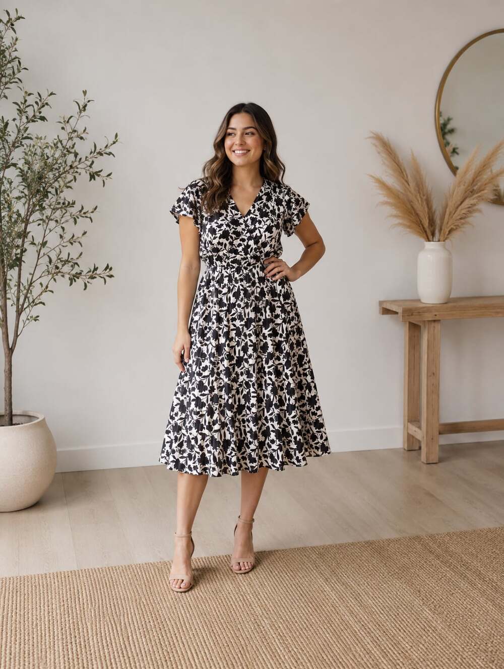 Maggy London Woman Black White Floral Wrap Midi Dress Plus 20W
